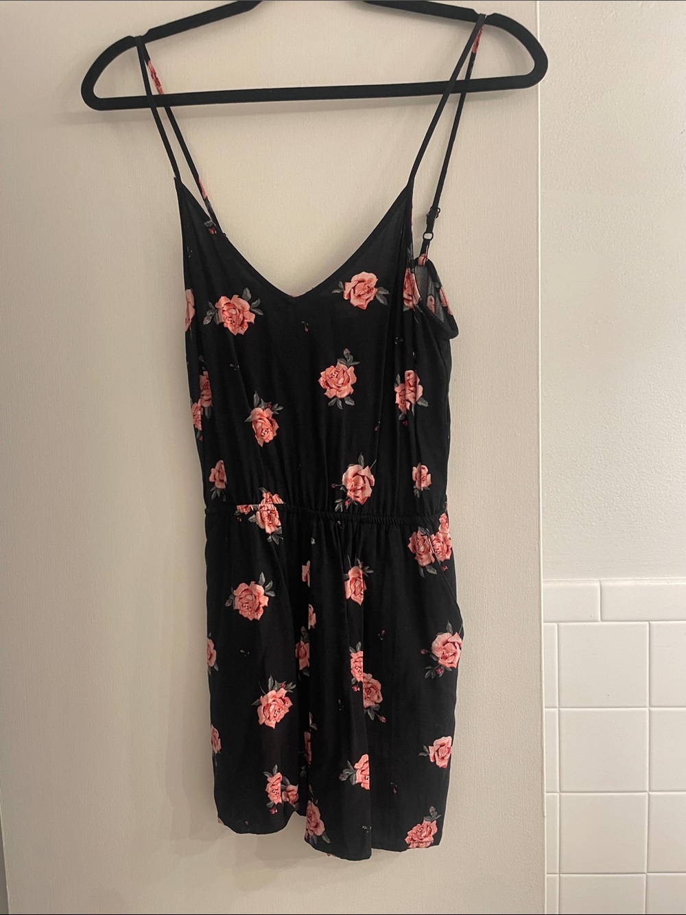Divided Black Floral Slip Dress with Pink Roses